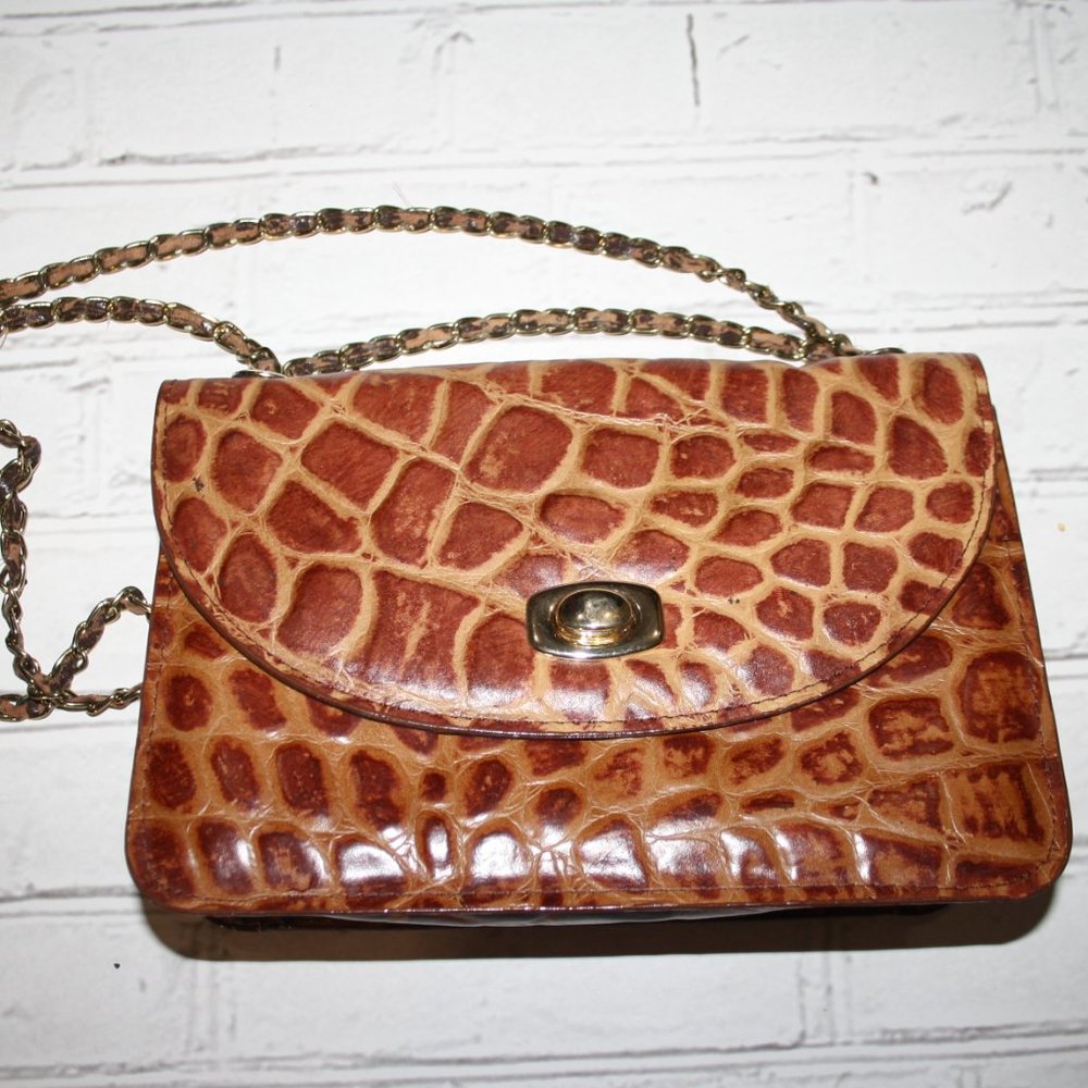 Brown Genuine leather animal print purse 10" purse with chain strap - Picture 1 of 4